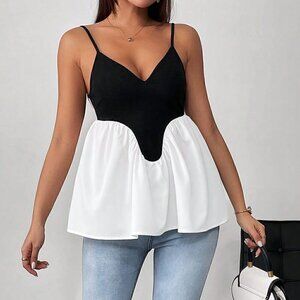 Black and White Casual Women's Contrast Color Deep V-Neck Cami Top